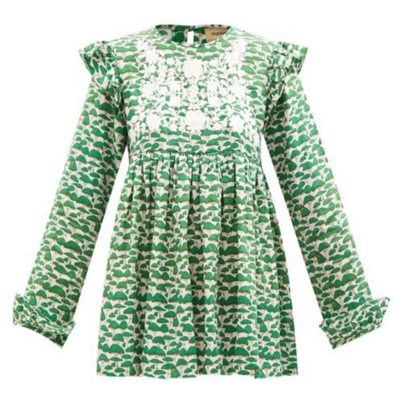 Muzungu Sisters Nora Ruffled Mushroom Print Linen Blouse Green Medium - Picture 2 of 12